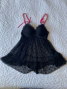 Polka Dot Babydoll Lingerie – Black with Pink Strap Detail (S)